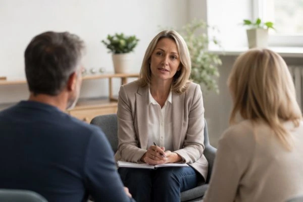 Couple discussing financial arrangement , pensions in divorce Barnstaple